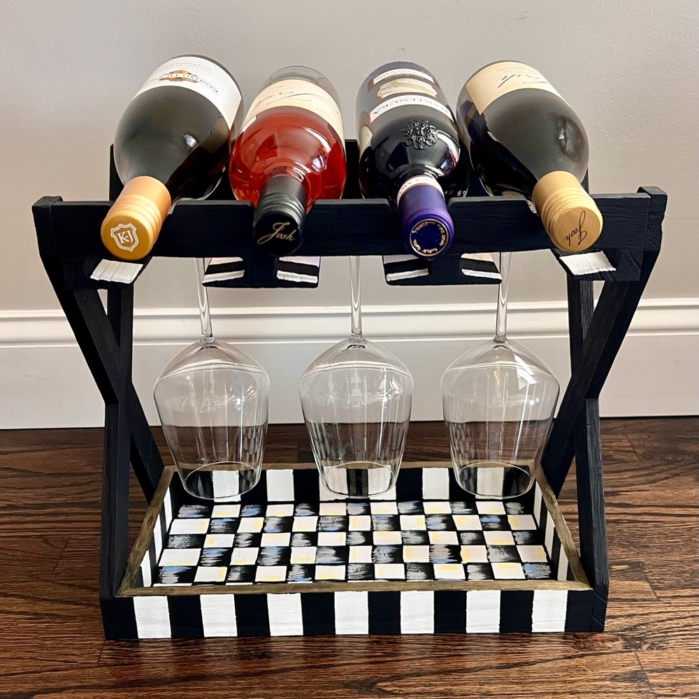 Hand Painted Black and White Wooden Wine Bottle & Glass Rack